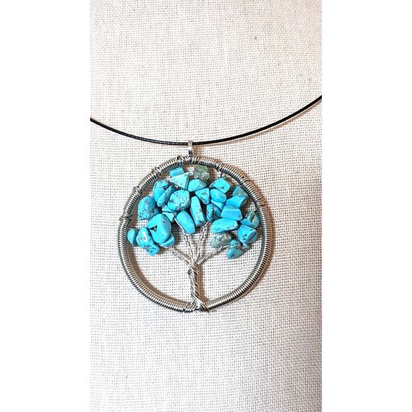 Turquoise Chip Wire Wrapped Pendant Tree of Life on Black Choker Cable - Picture 3 of 6